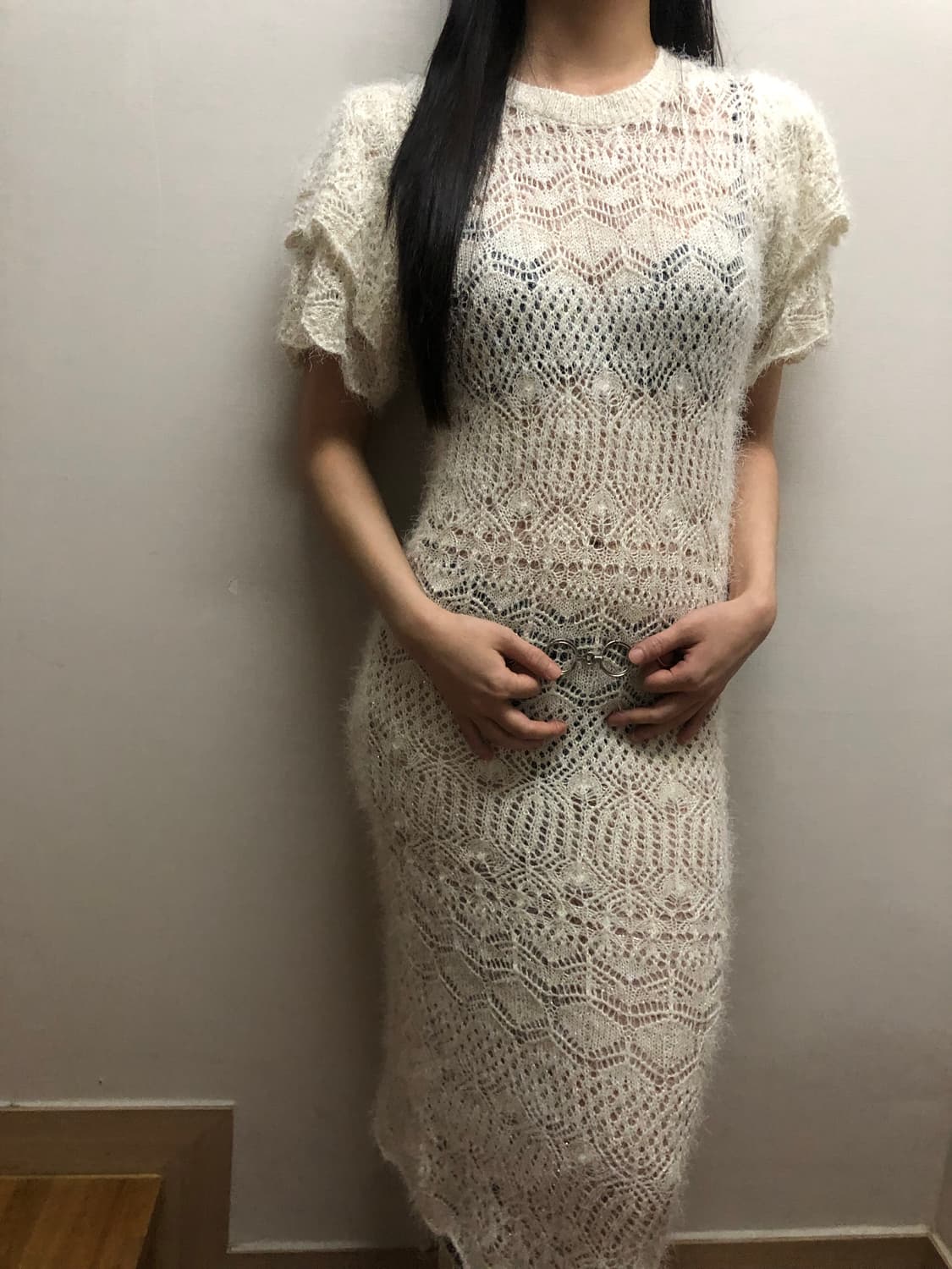 빈티지 화이트 프릴 글리터 니트 원피스 상품이미지2