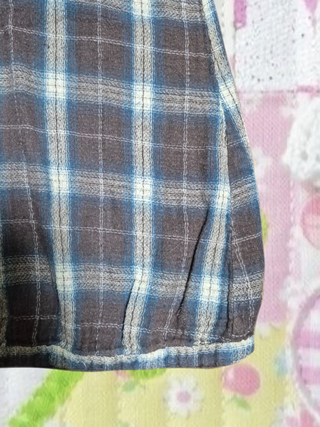 빈티지 모리걸 모리노가토 체크 셔링 셔츠 블라우스 우드단추 상품이미지5