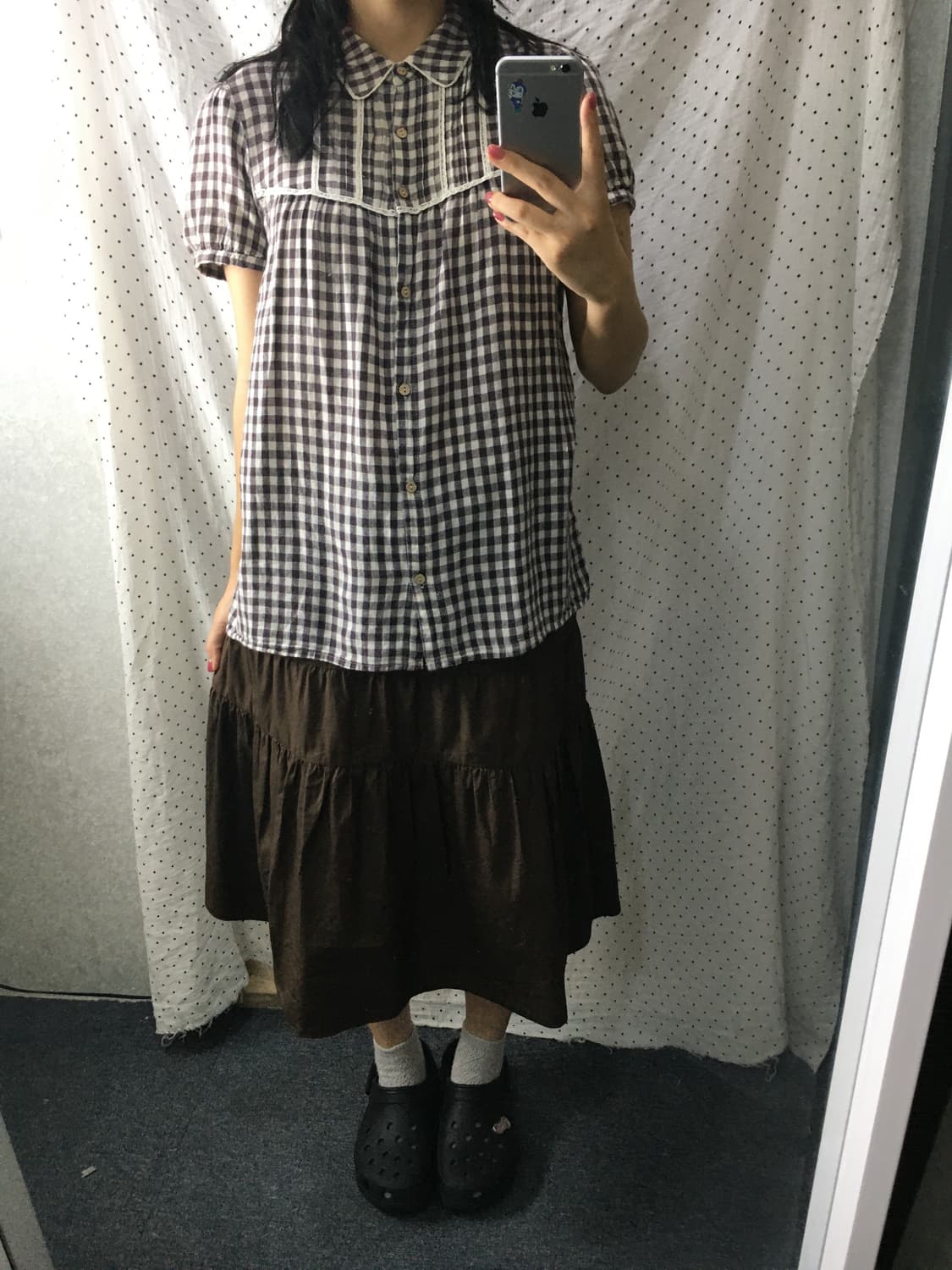 브라운 체크 둥근 카라 블라우스  상품이미지4