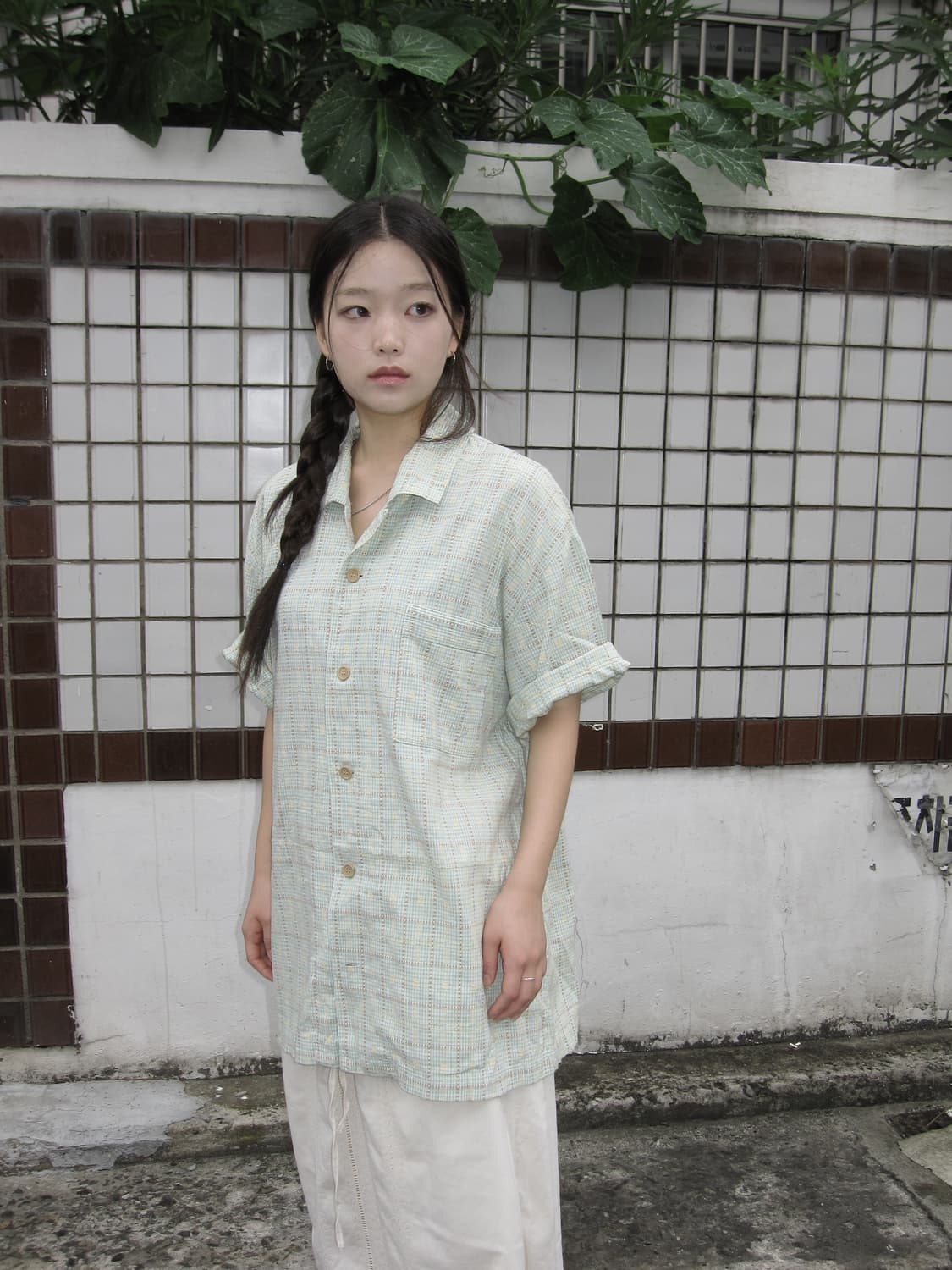 민트 자수 그리드 셔츠 상품이미지4
