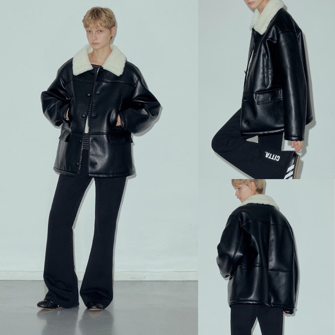 씨타 울 블렌드 시어링 폭스 레더 무스탕 코트 블랙 새상품 상품이미지4