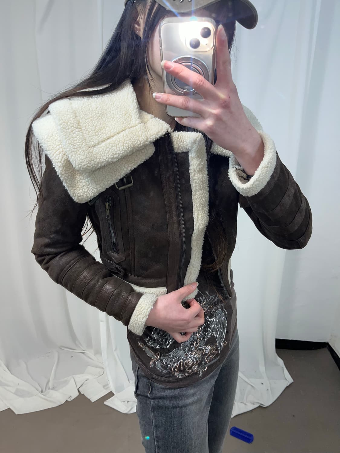 브라운 하이넥 더블카라 크롭 무스탕 상품이미지7