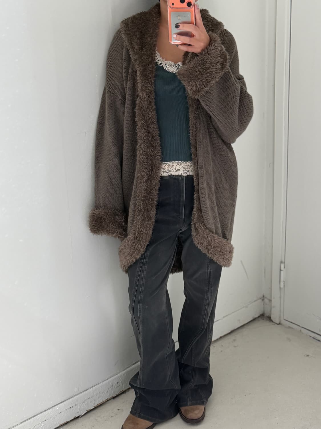 이태리 퍼 디테일 니트가디건 상품이미지3