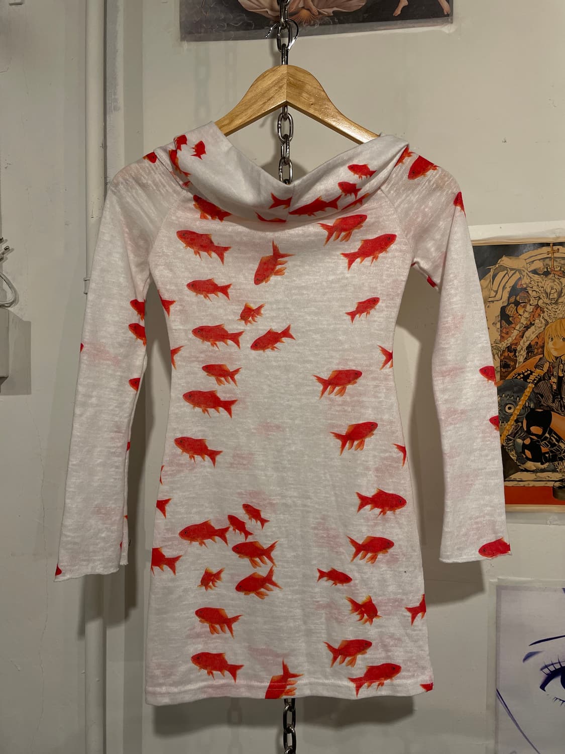 금붕어 패턴 오프숄더 화이트 슬리브 원피스 오리엔탈 상품이미지1