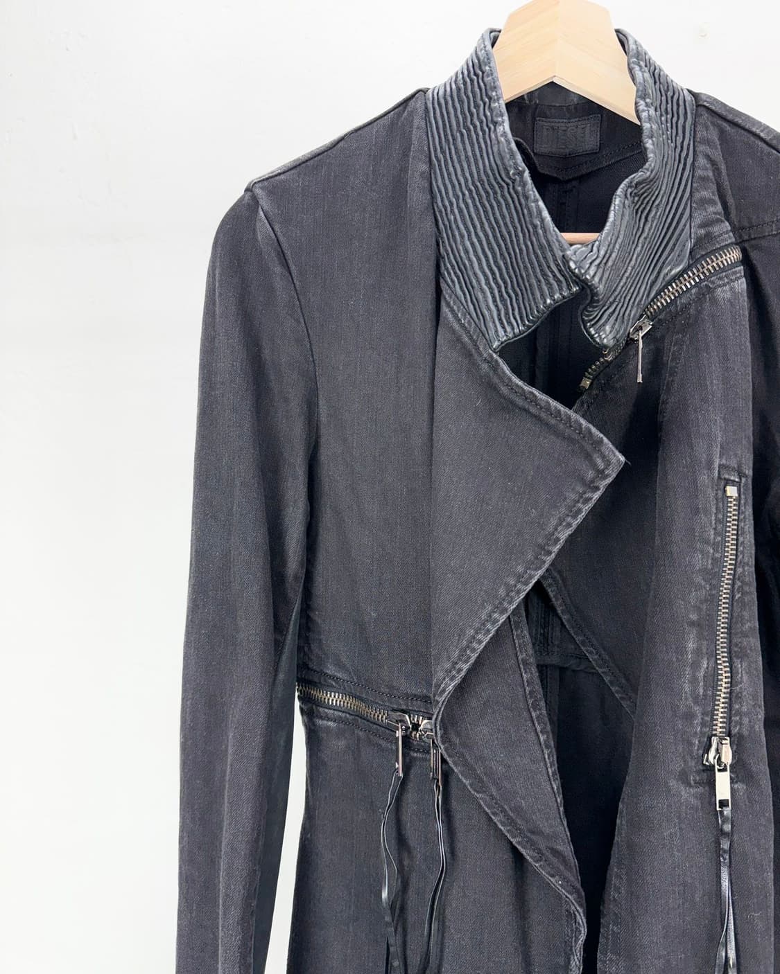 디젤 00s 블랙 레더 믹스드 오픈 카라 바이커 자켓 상품이미지3