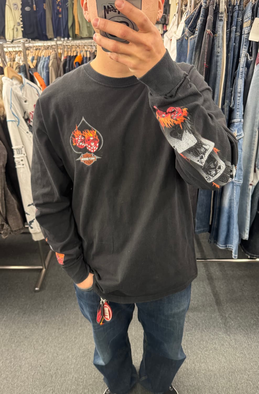 XL)00’s할리데이비슨 빈티지 플레임 다이스 프린팅 블랙 롱슬리브 상품이미지1