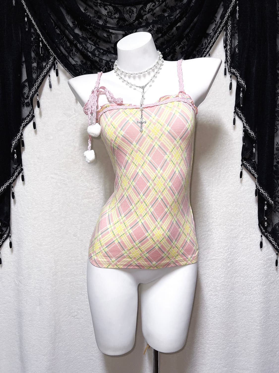 리즈리사 체크 프릴레이스 폼폼 슬리브리스 나시 히메갸루 라떼 핀터 팝걀 상품이미지6