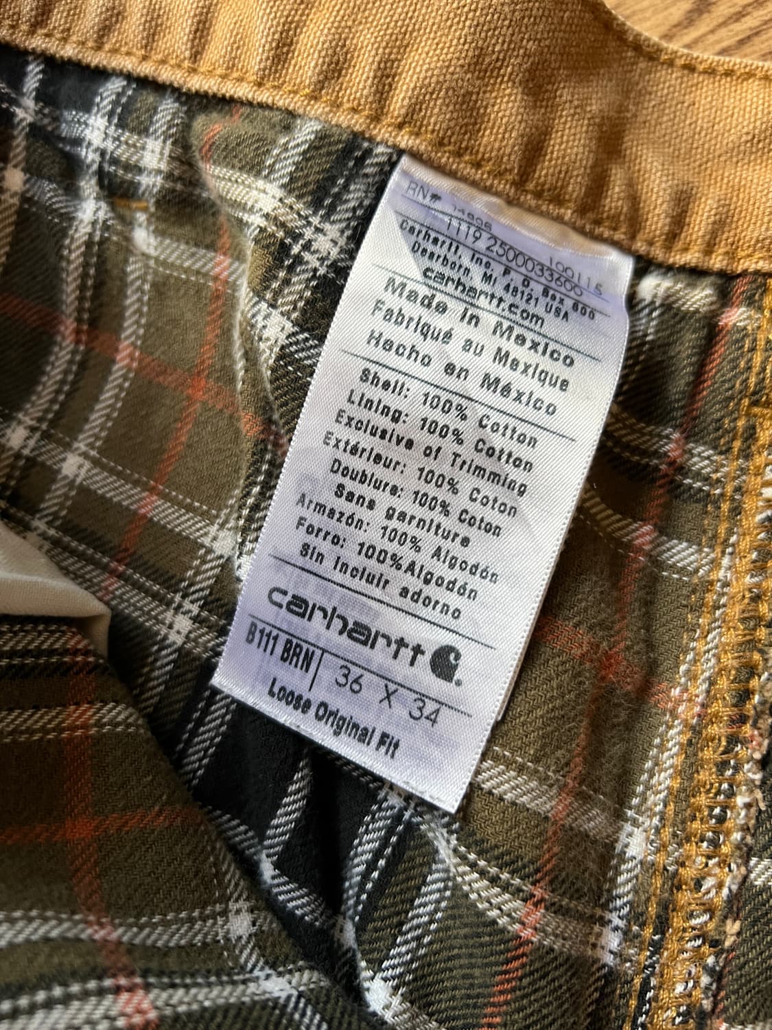 [36]칼하트 USA 체크 라이닝 브라운 싱글니 워크팬츠 상품이미지4