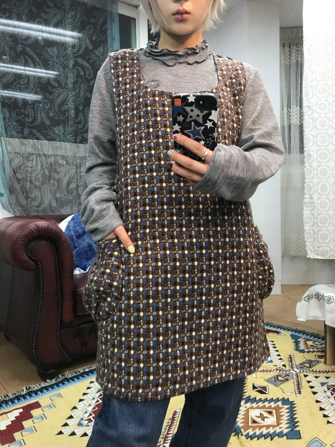 여성 패턴 민소매 모직 미니 원피스  상품이미지1