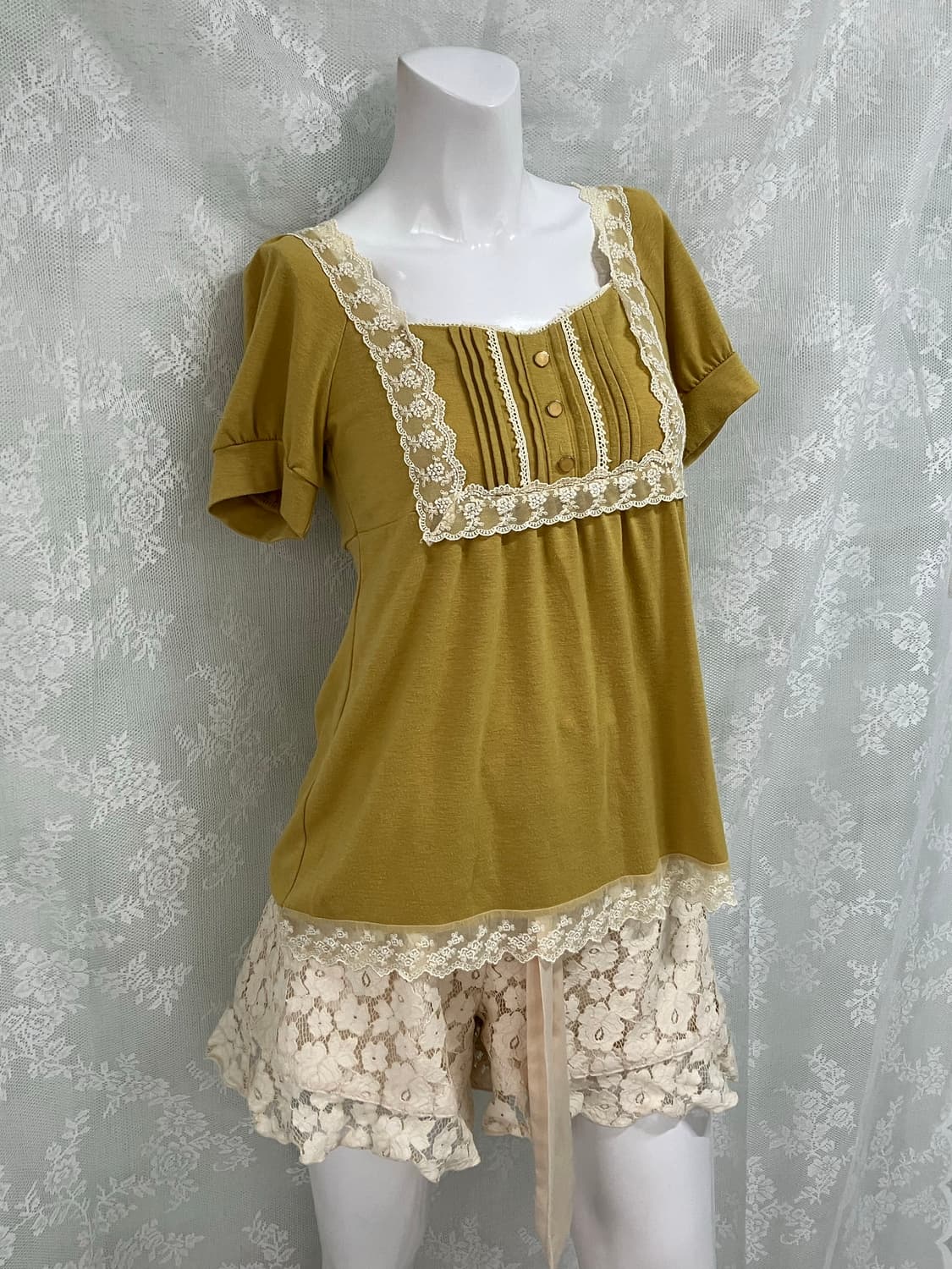 빈티지 옐로우 레이스 블라우스 1108 모리걸 y2k 스트릿 갸루 펑키  상품이미지1