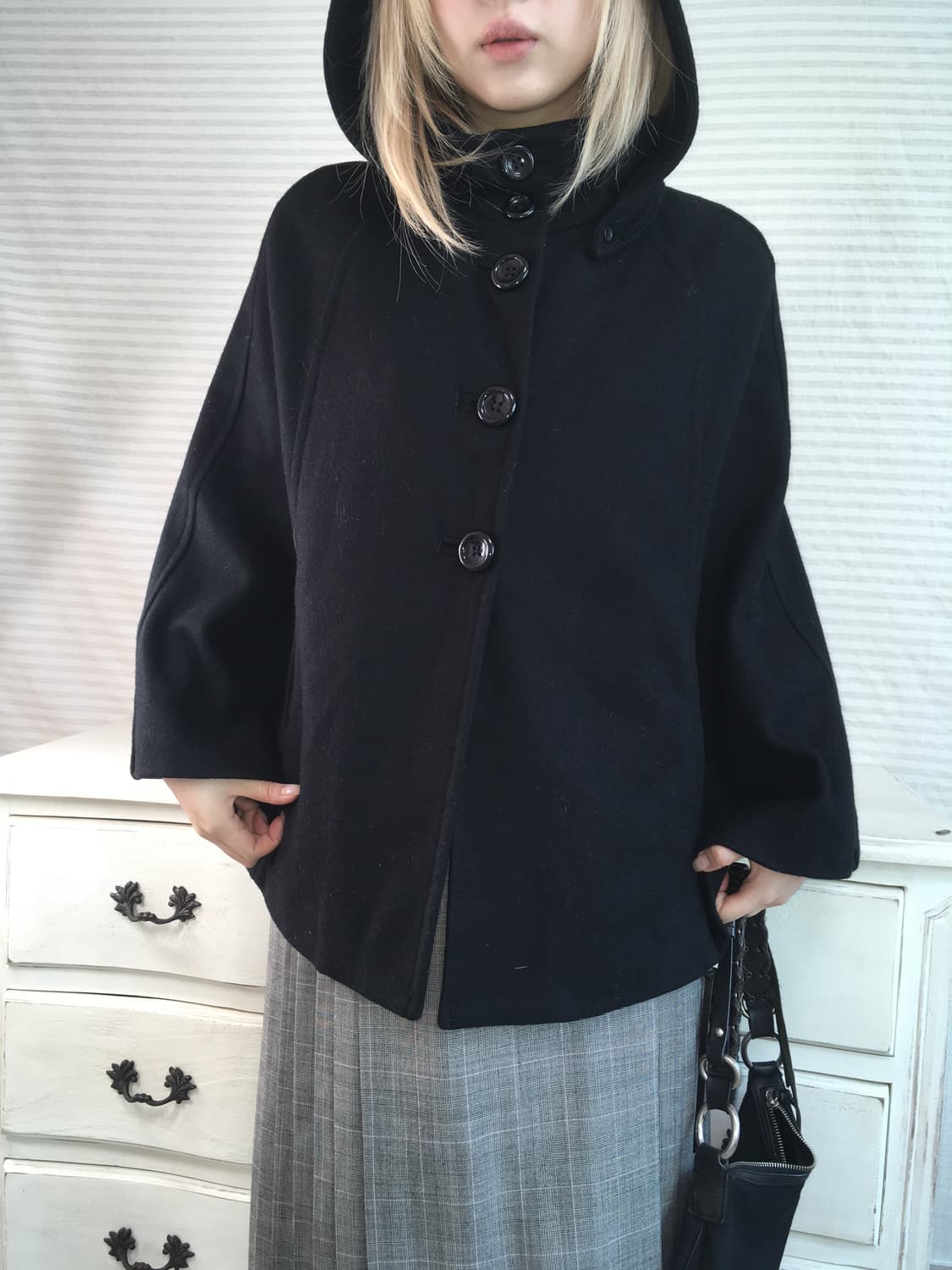 일본빈티지 블랙 케이프 울 후드 코트 상품이미지2