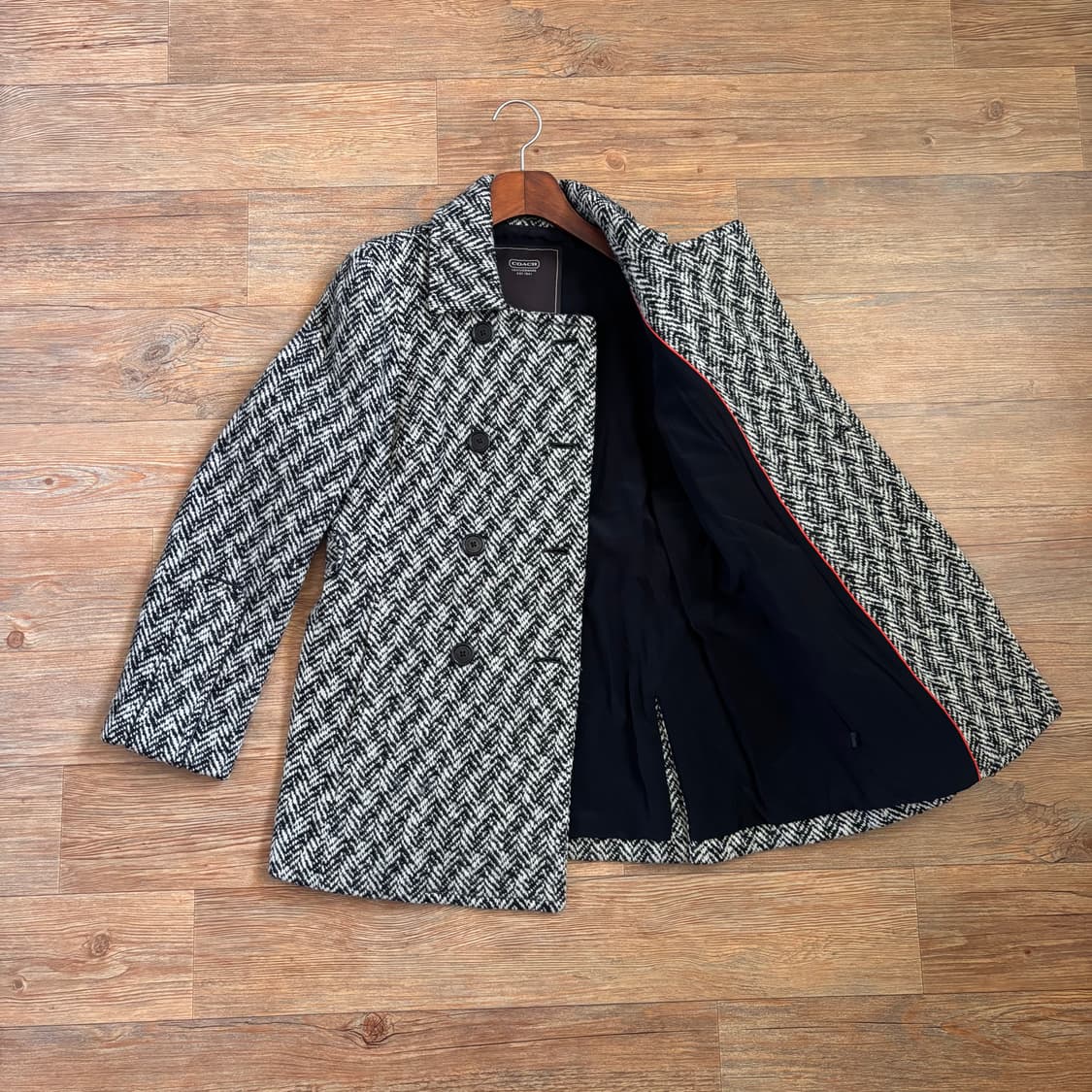 코치 정품 더블 코트 헤링본 2 사이즈 모헤어 가죽 디테일 상품이미지2