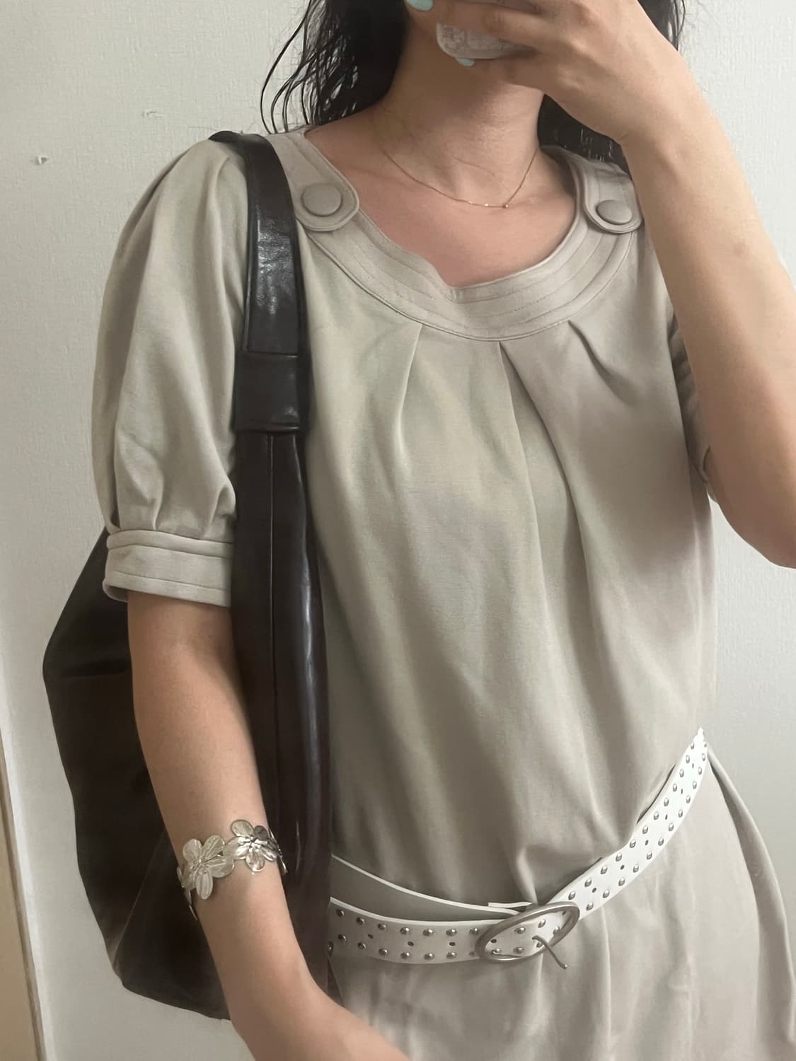 빈티지 왕단추 퍼프소매 미니 원피스 상품이미지2