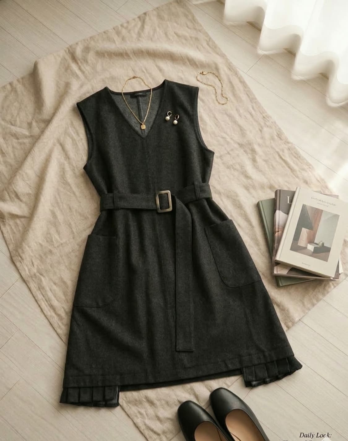 차콜 브이넥 데님벨트 원피스 - 밑단 플리츠 포인트 상품이미지1