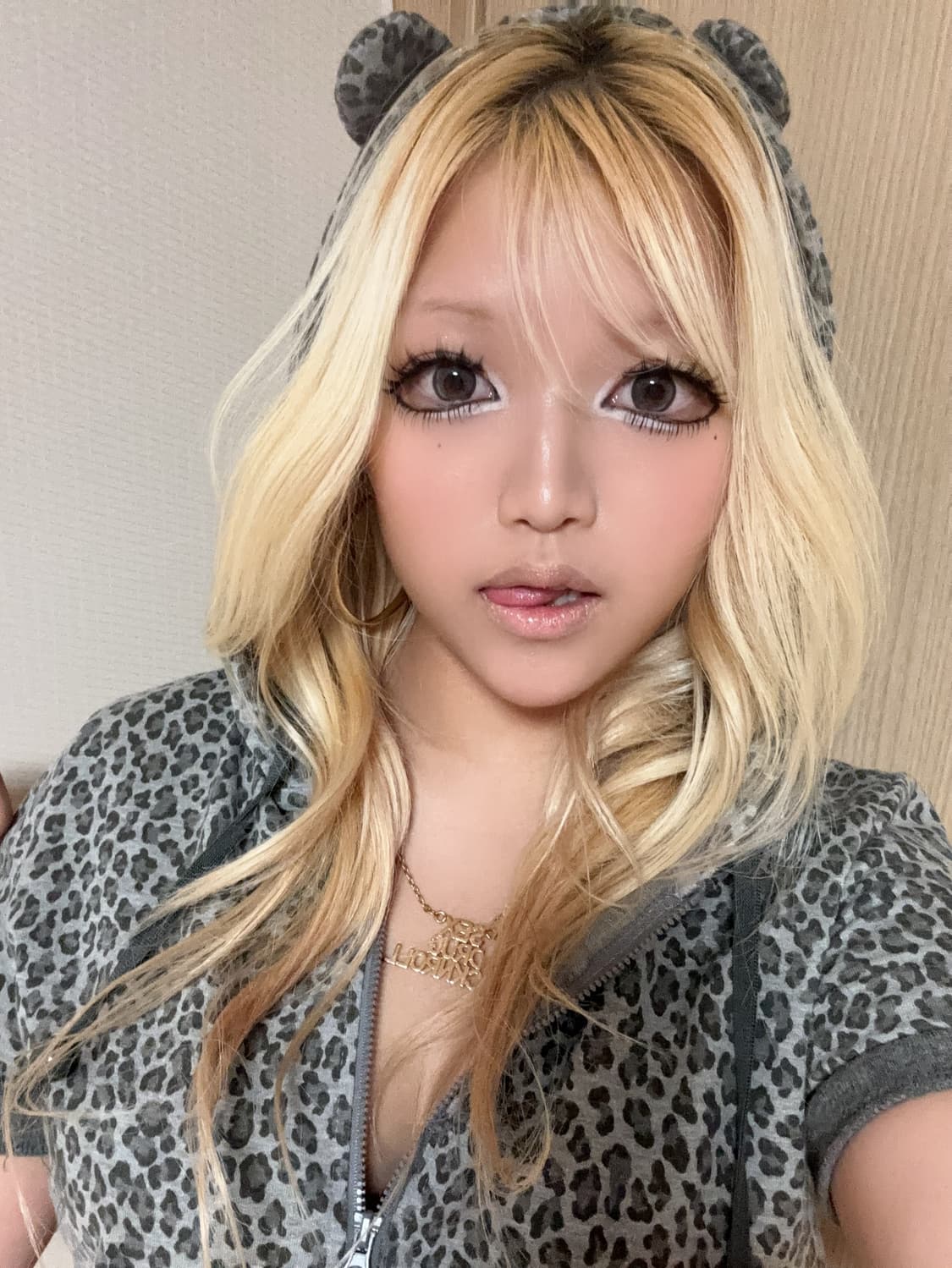 갸루 레오파드 호피 쿠마미미 동물귀 반팔 후드집업 그레이 히메 상품이미지1