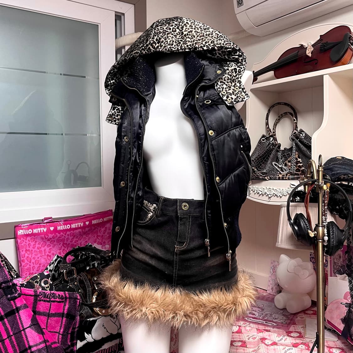 오네갸루 대장 레오파드 큐빅스톤 펄 패딩 조끼 나나y2k 핀터00s빈티지 상품이미지1