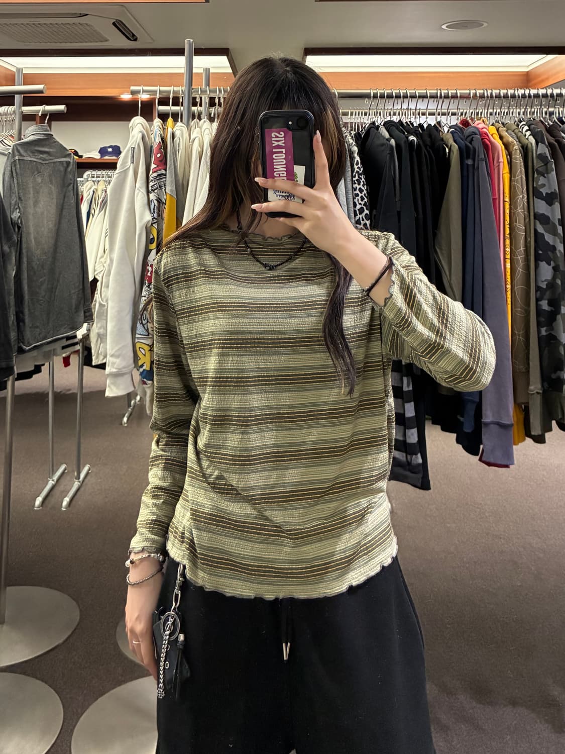 M)Japanese vintage 여성 줄무늬 카키 롱슬리브 상품이미지1