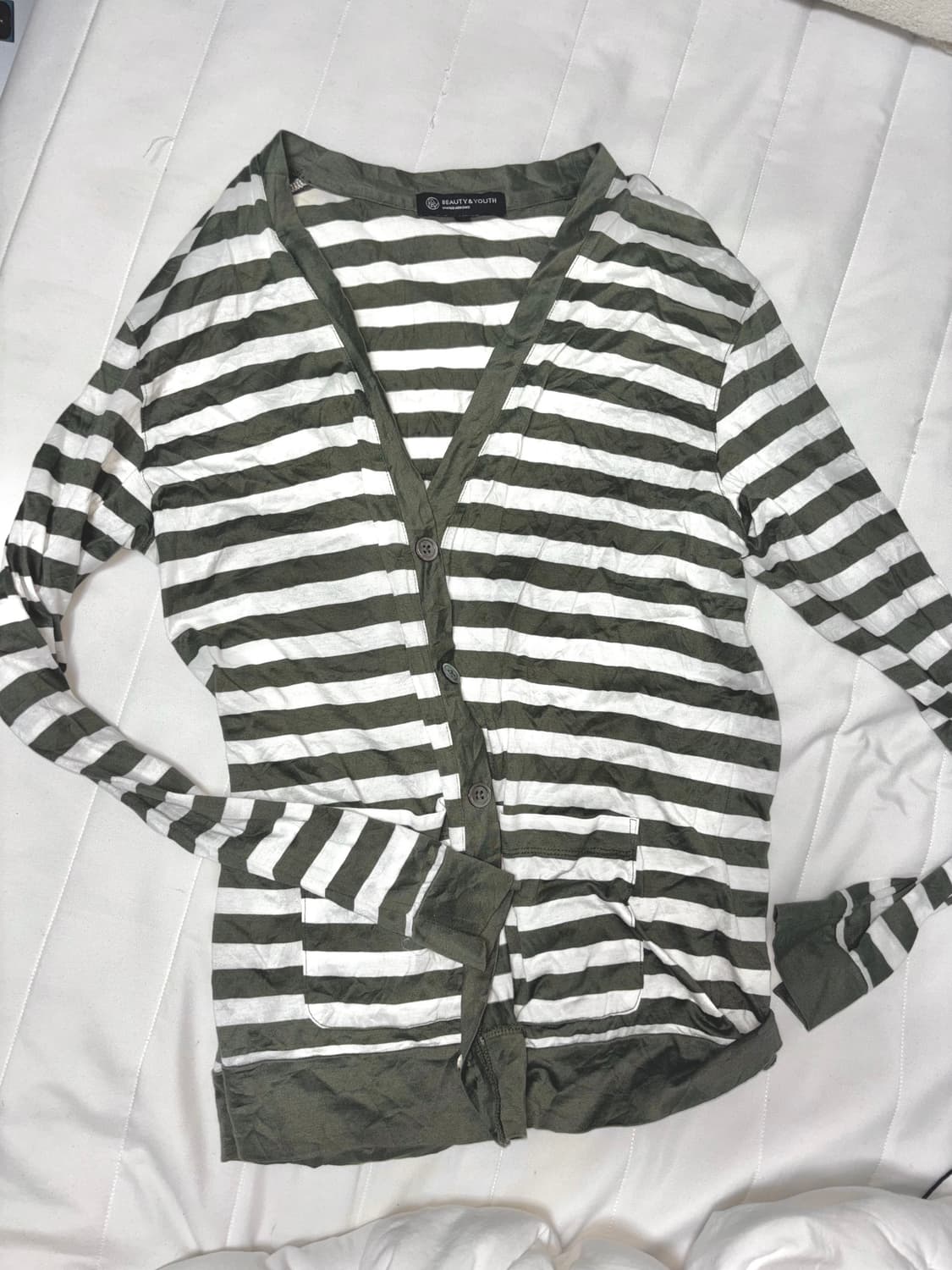 y2k 카키 스트라이프 면 가디건 상품이미지1