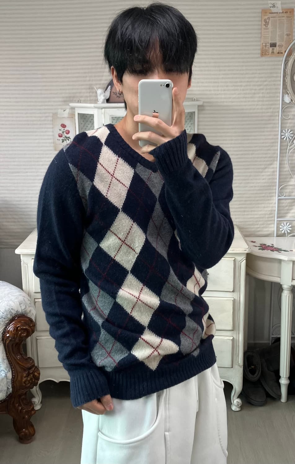 빈티지 네이비 아가일 니트 849 y2k 스트릿 모리 갸루 일본빈티지 펑 상품이미지1