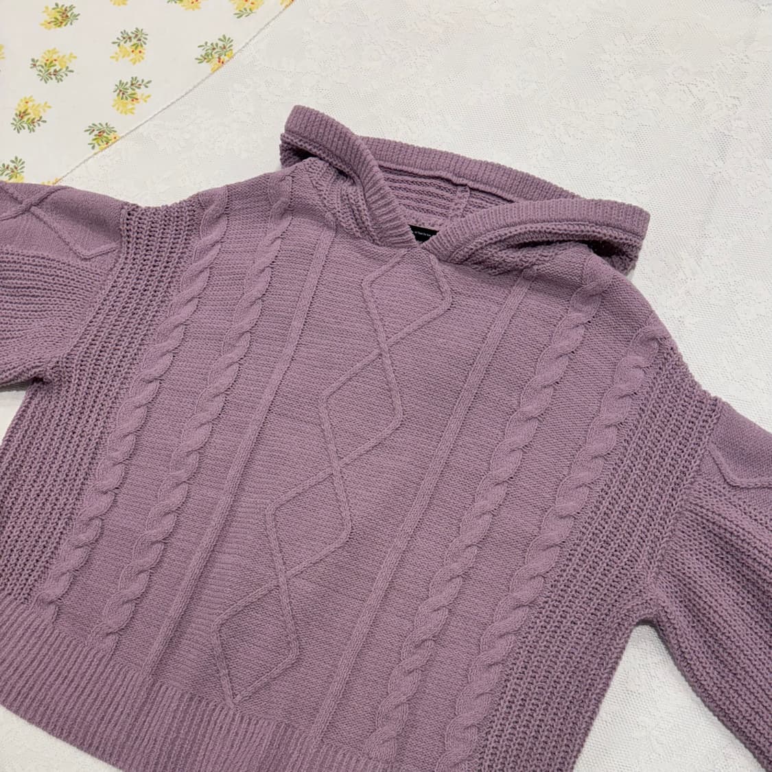 일본 빈티지 연보라 뒷 절개 버튼 포인트 니트 후드 티 상품이미지5