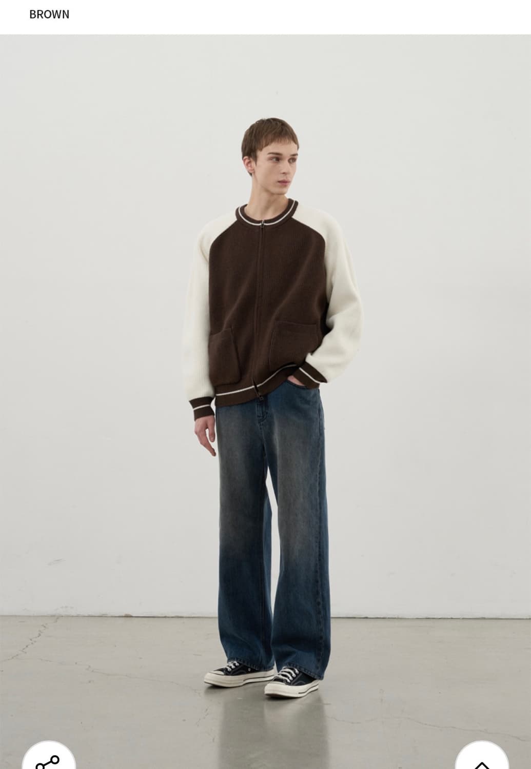 (새상품)(XL) 드로우핏 바시티 벌룬 투웨이 집업 니트 [BROWN] 상품이미지3
