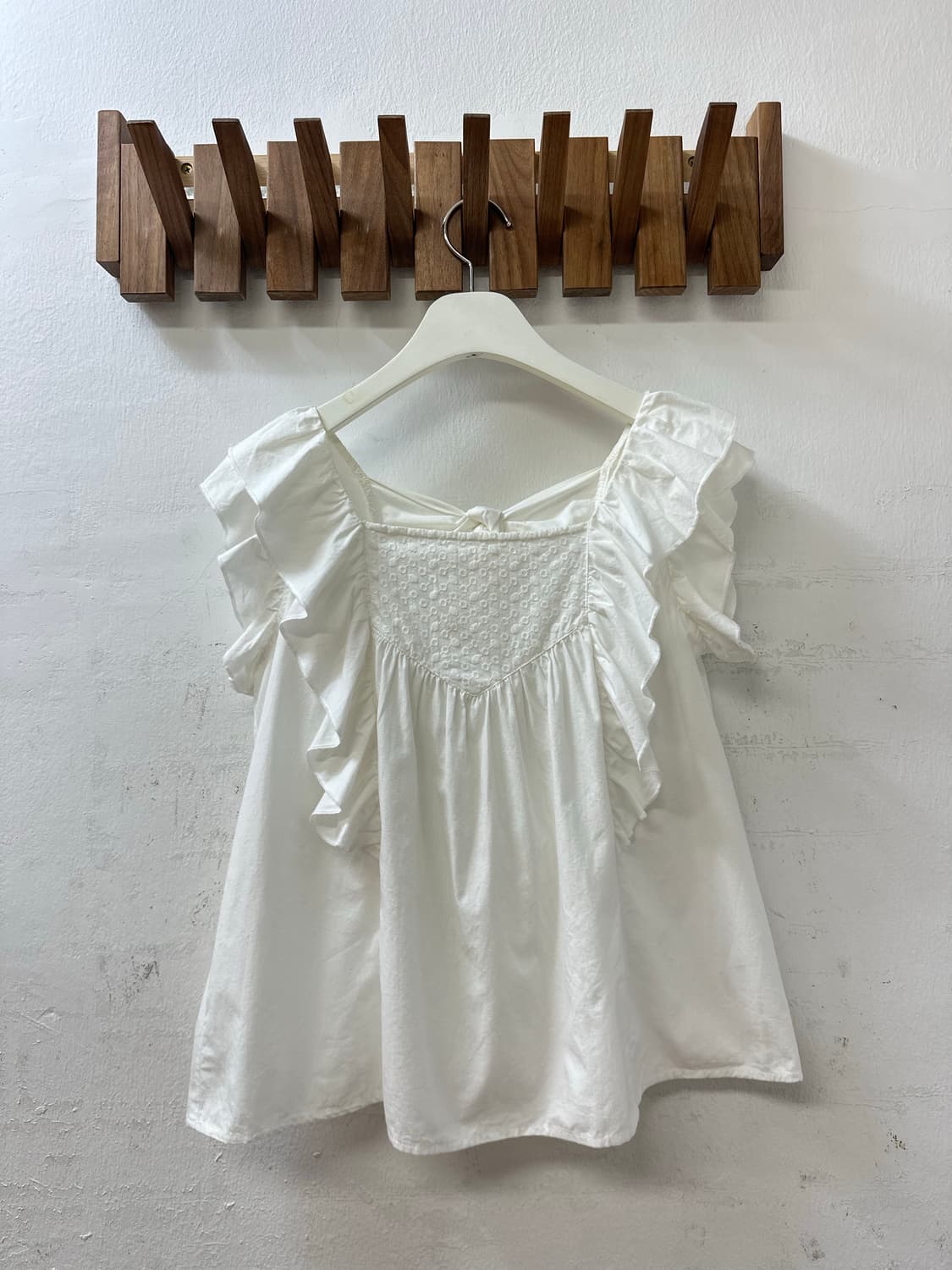 일본빈티지 코튼100% 양면디테일 프릴 슬리브 자수 요크 리본 블라우스 상품이미지1