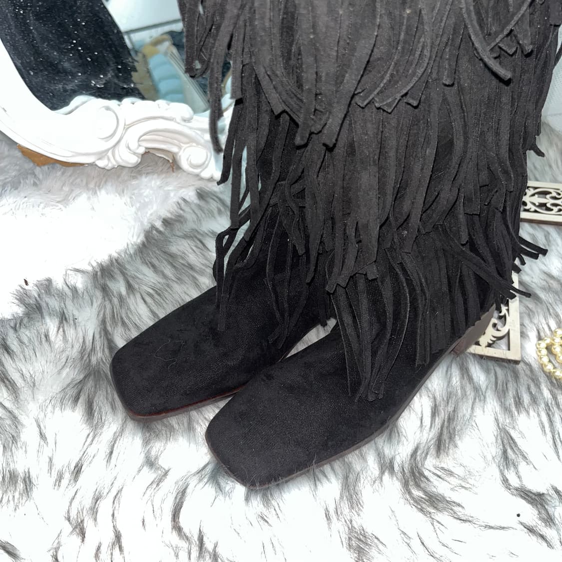 빈티지 블랙 스웨이드 프린지 스퀘어 부츠 상품이미지3