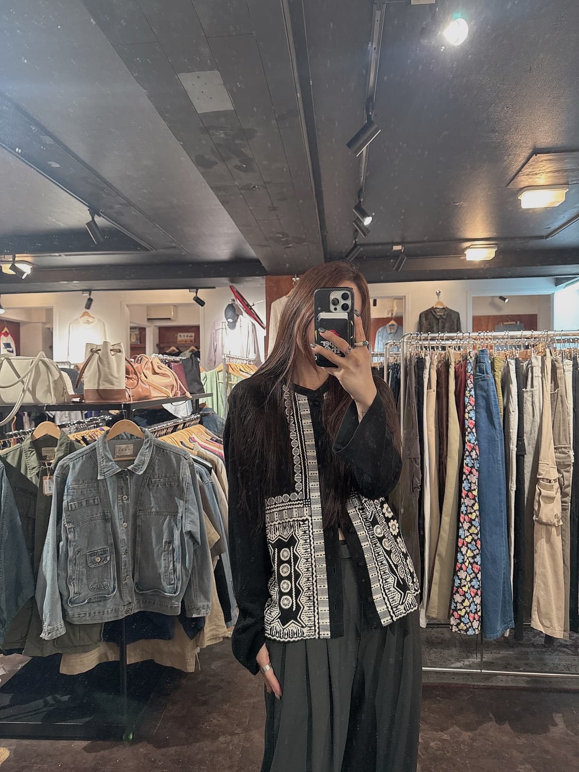일본빈티지 페이즐리 패턴 노카라 블랙 오버핏 가디건 상품이미지7