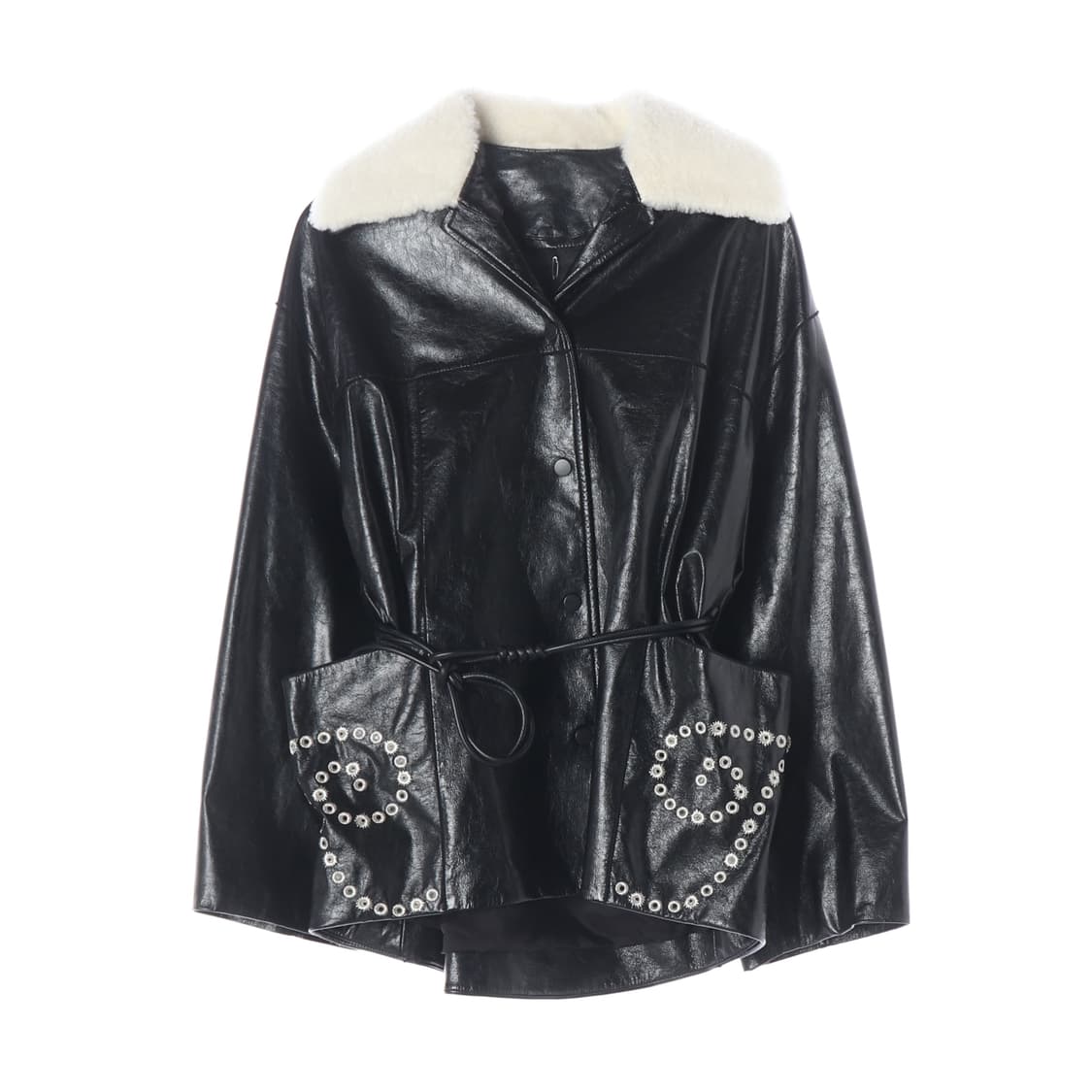 (새상품) 타임 23FW 퍼 카라 벨티드 페이크 레더 재킷 상품이미지1