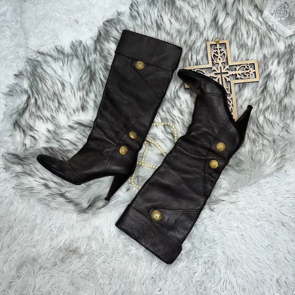 빈티지 브라운 앤틱 버튼 부츠힐 상품이미지1