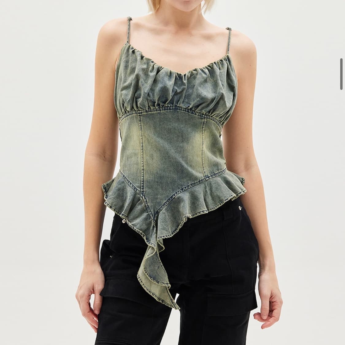 탑걸 데님 튜브탑 DENIM RUFFLE SLEEVELESS TOP 상품이미지2