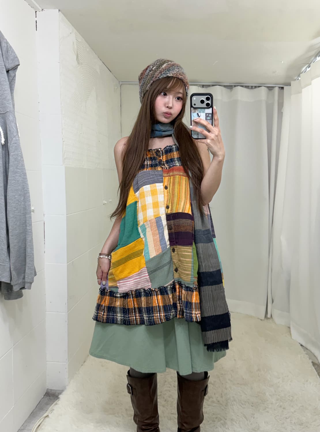 민트 패치워크 원피스 하구미 모리걸 후드집업 코디세트 상품이미지3