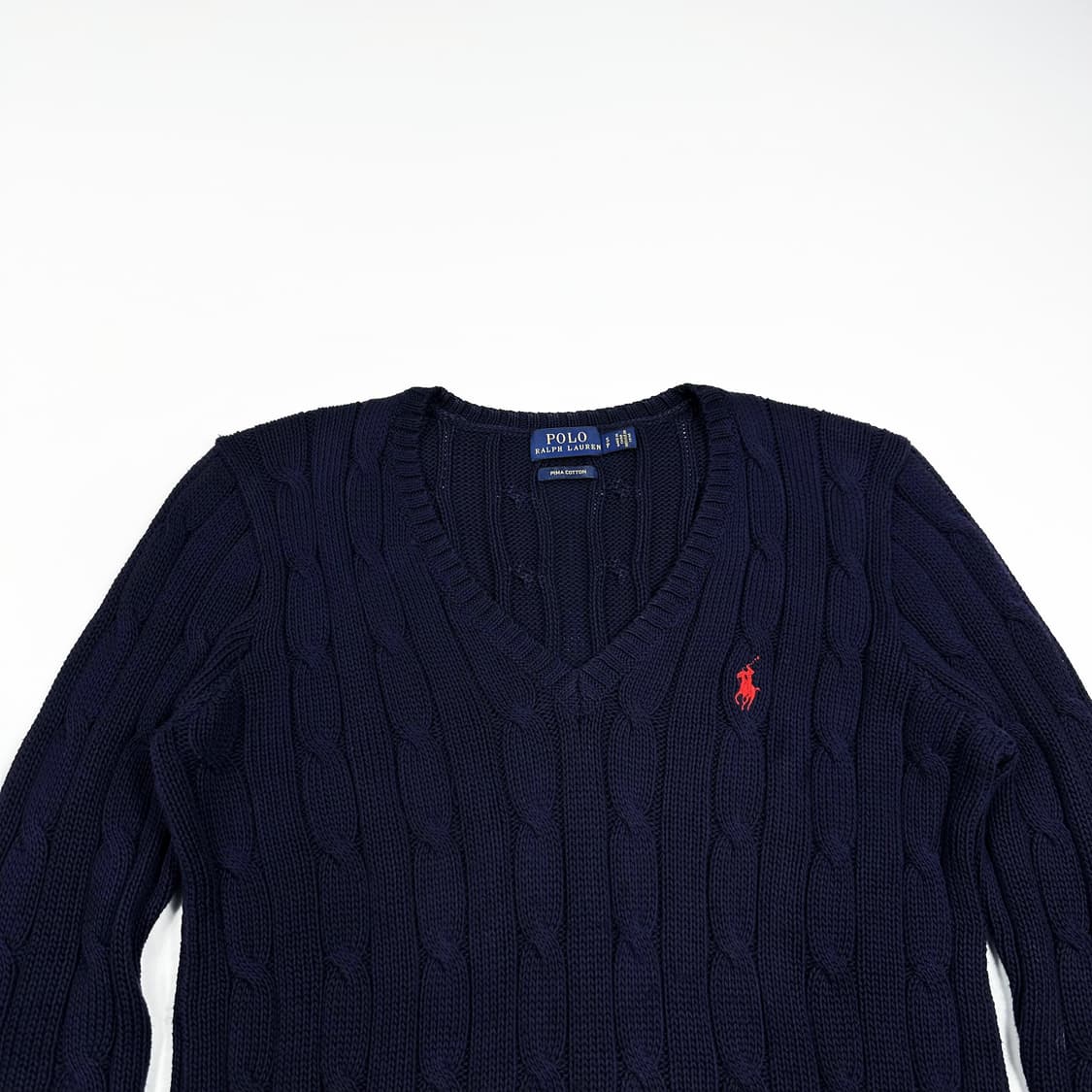 폴로 랄프로렌 클래식 피마코튼 브이넥 케이블 니트 네이비 여성S 상품이미지2