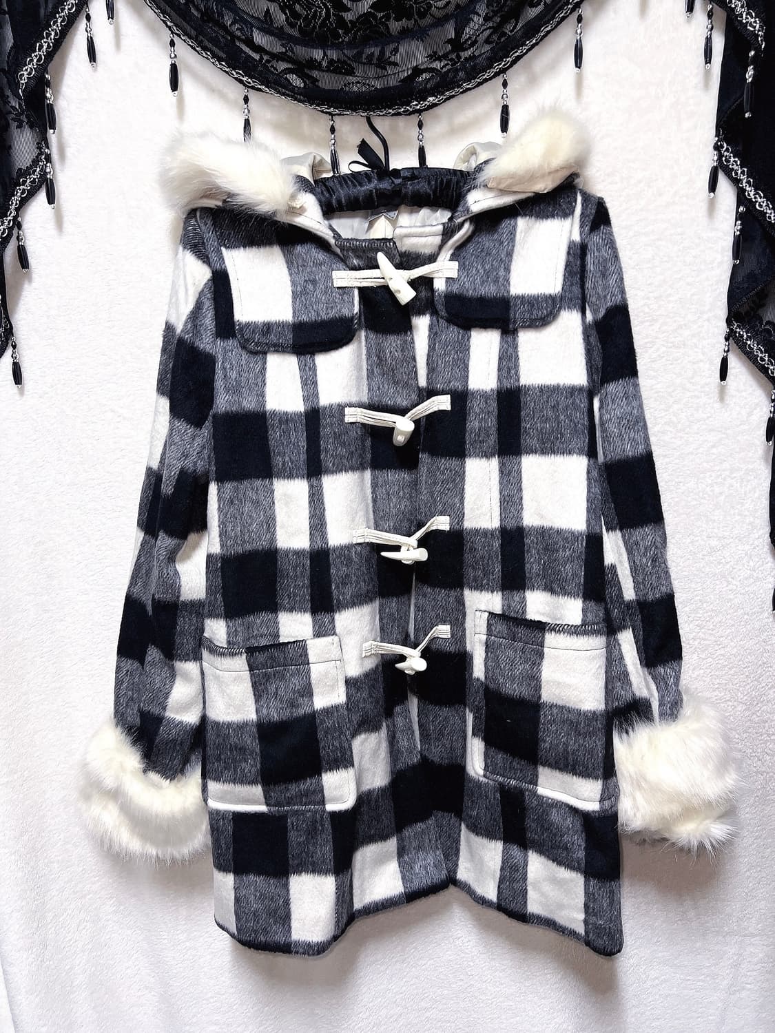 윈터페어리 로맨틱갸루 로걀 체크 퍼 후드 떡볶이코트 자켓 핀터 모리 라떼 상품이미지7