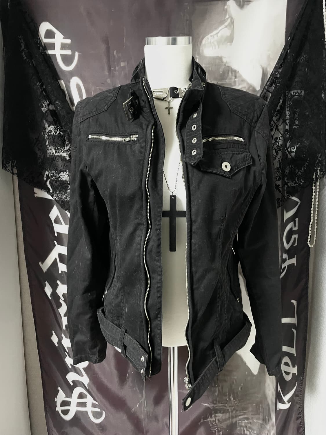 Vkei 00s 벨티드넥 지퍼 라이더 야상코튼자켓 다크웨어emo버커루맛 상품이미지1