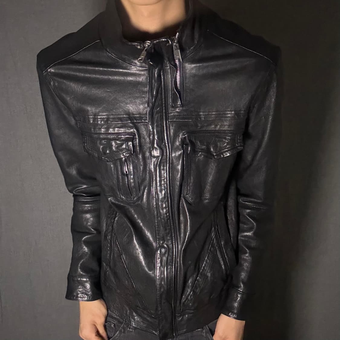 double zip-up ltaly leather jacket 상품이미지1