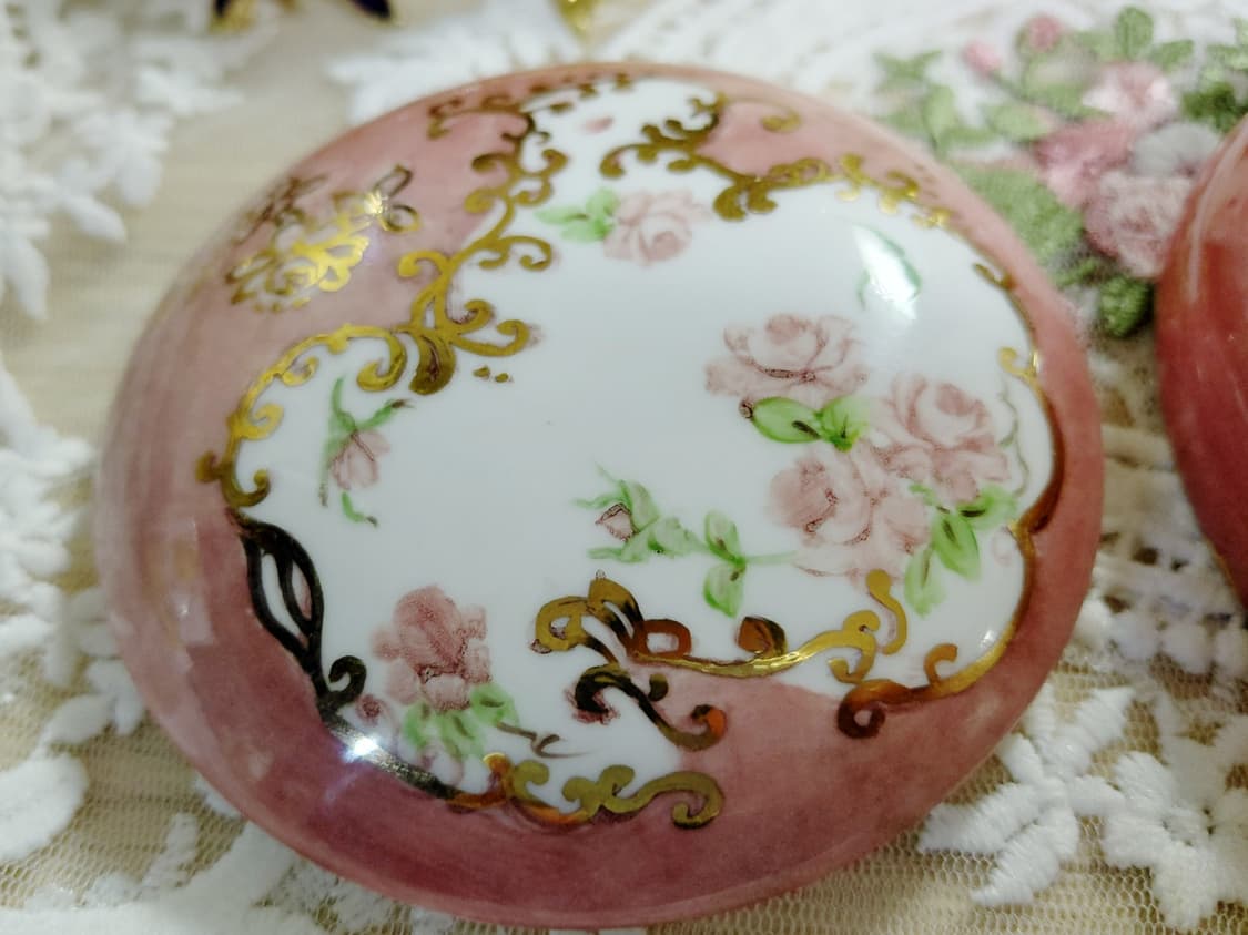 Antique)1900년대초반 앤틱 로즈 패턴 핑크색 포슬린 보석함 상품이미지5