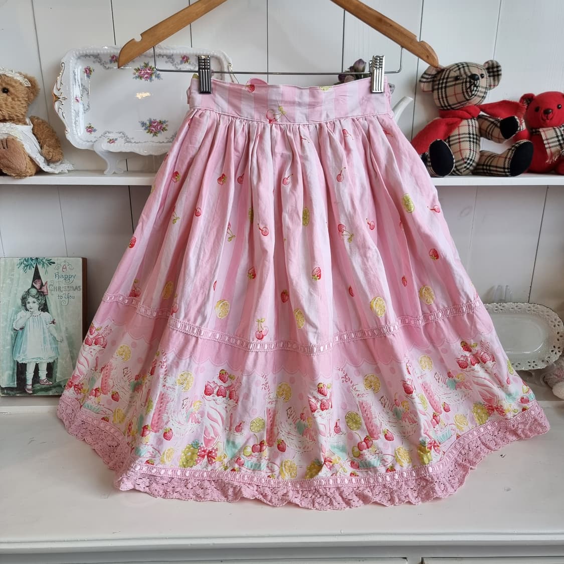핑크 스트라이프 과일 패턴 레이스 스커트 상품이미지1
