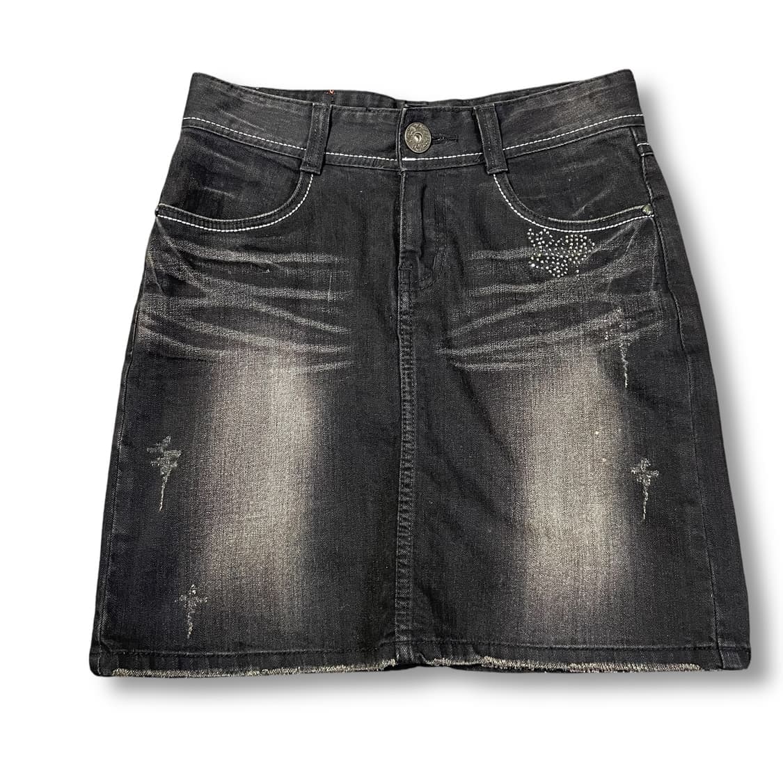 (26) 빈티지 흑청 큐빅 글리터자수 데미지 데님 스커트 S 상품이미지1