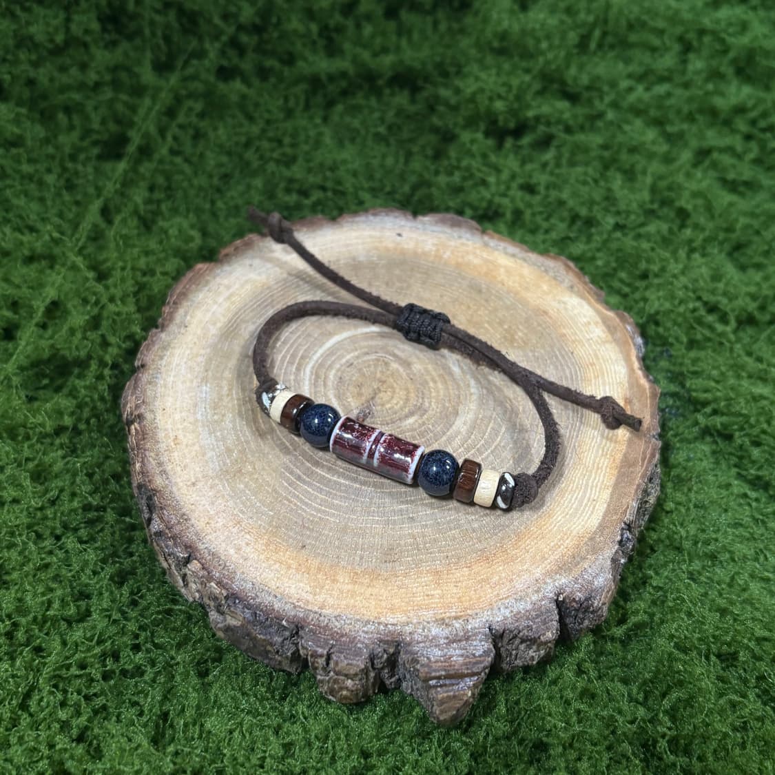 핸드메이드 웨스턴 보헤미안 소가죽 도자기 우드 나무 길이조절 포인트 팔찌 상품이미지5