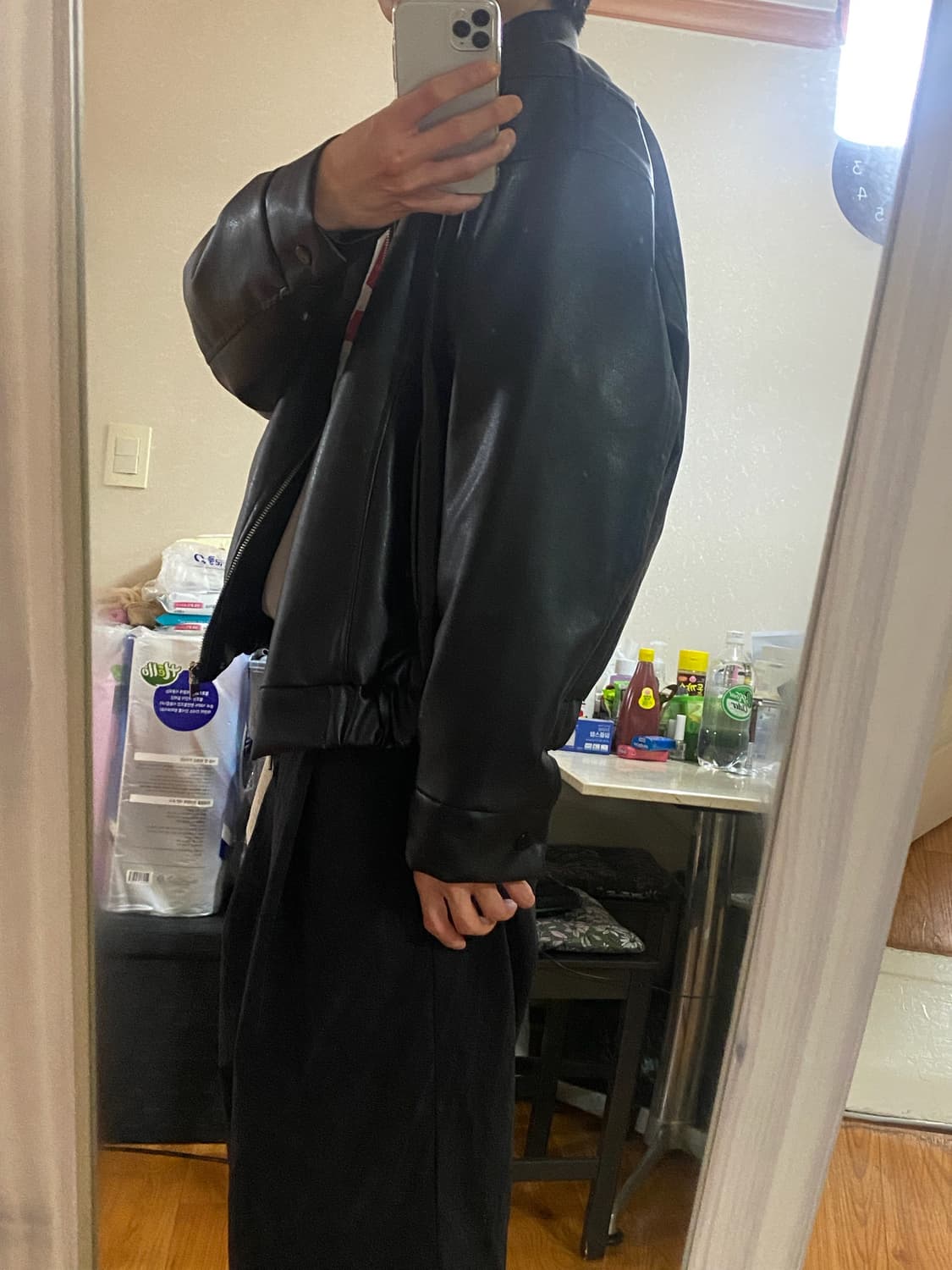 콜릿 - 빈티지 밴딩 오버핏 레더 가죽자켓 (블랙/free) 상품이미지7