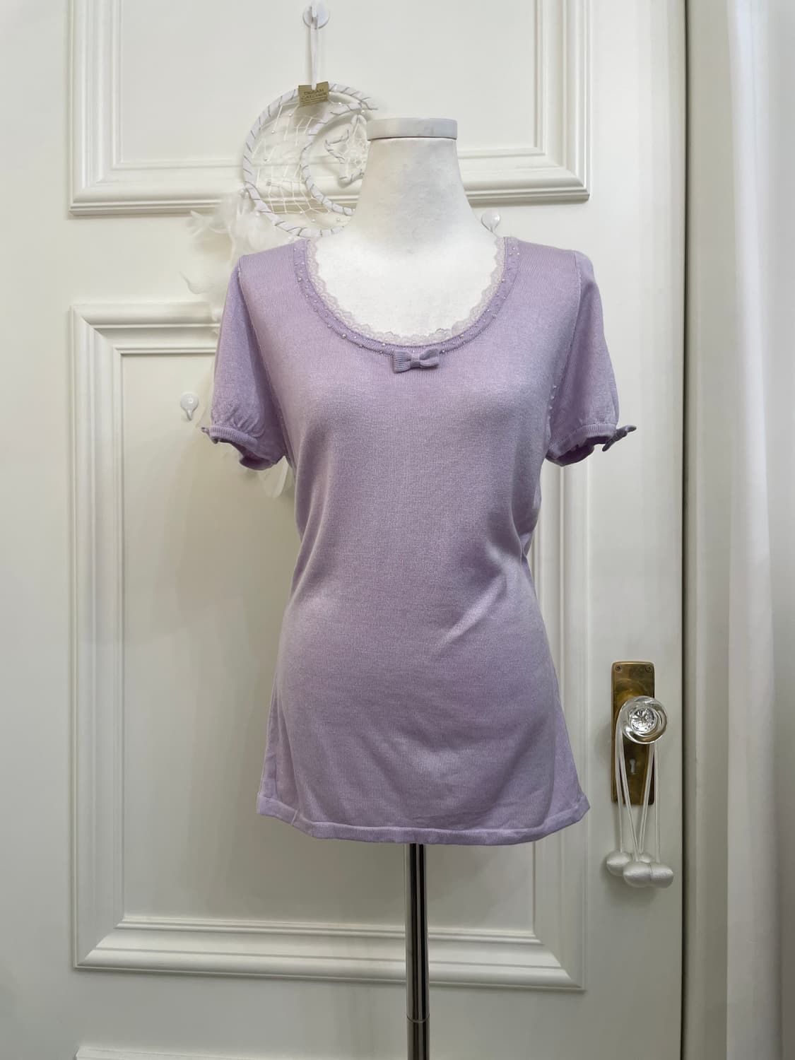 lavender lace bow point knit top(size-M) 상품이미지1