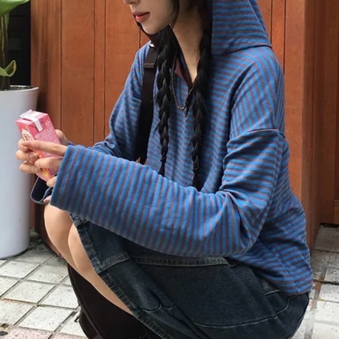 새상품) 버튼 배색 스트라이프 후드 (빈티지 초코 단추 에이블리 보세) 상품이미지1