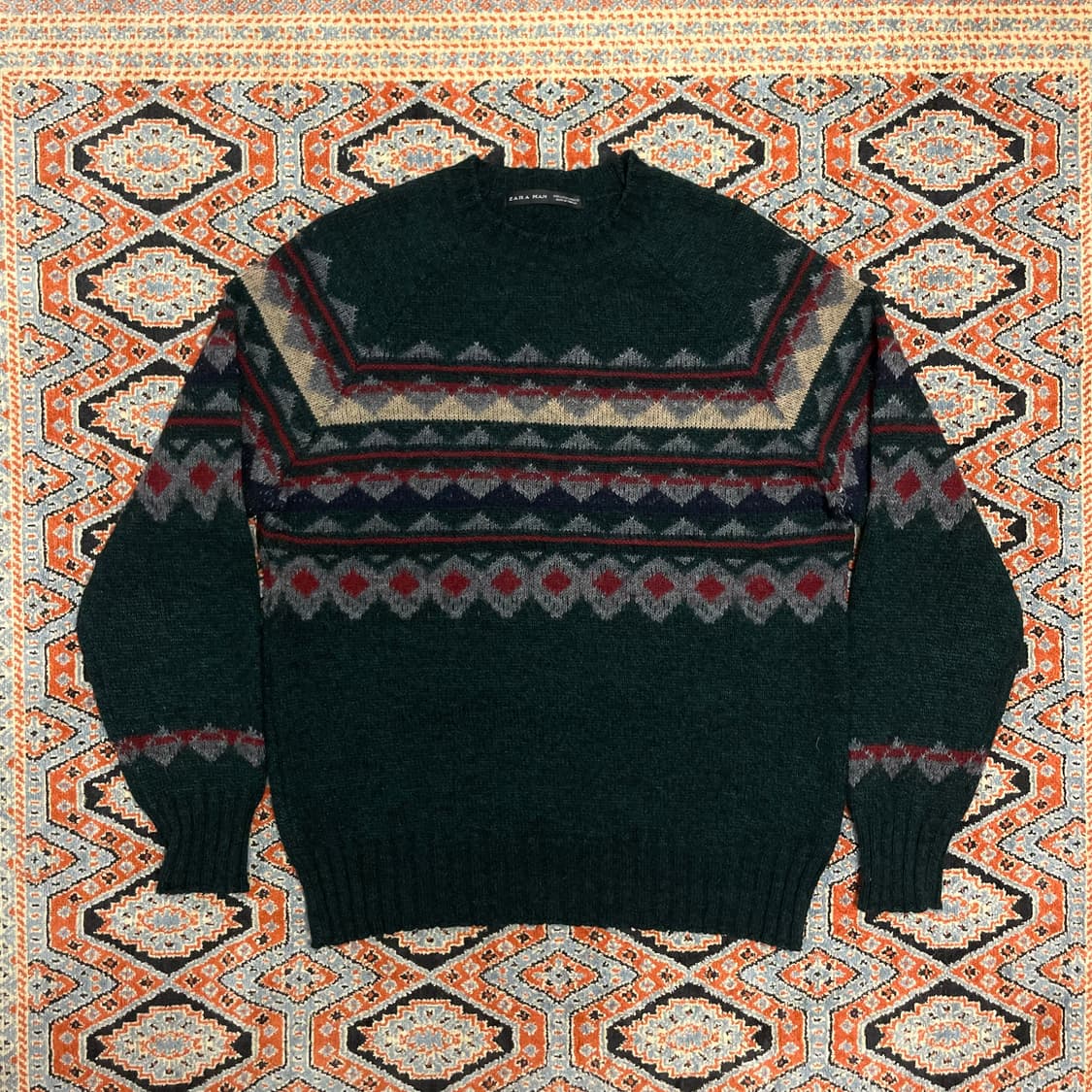 자라 맨 딥그린 패턴 아크릴 혼방 니트 남성L 상품이미지1