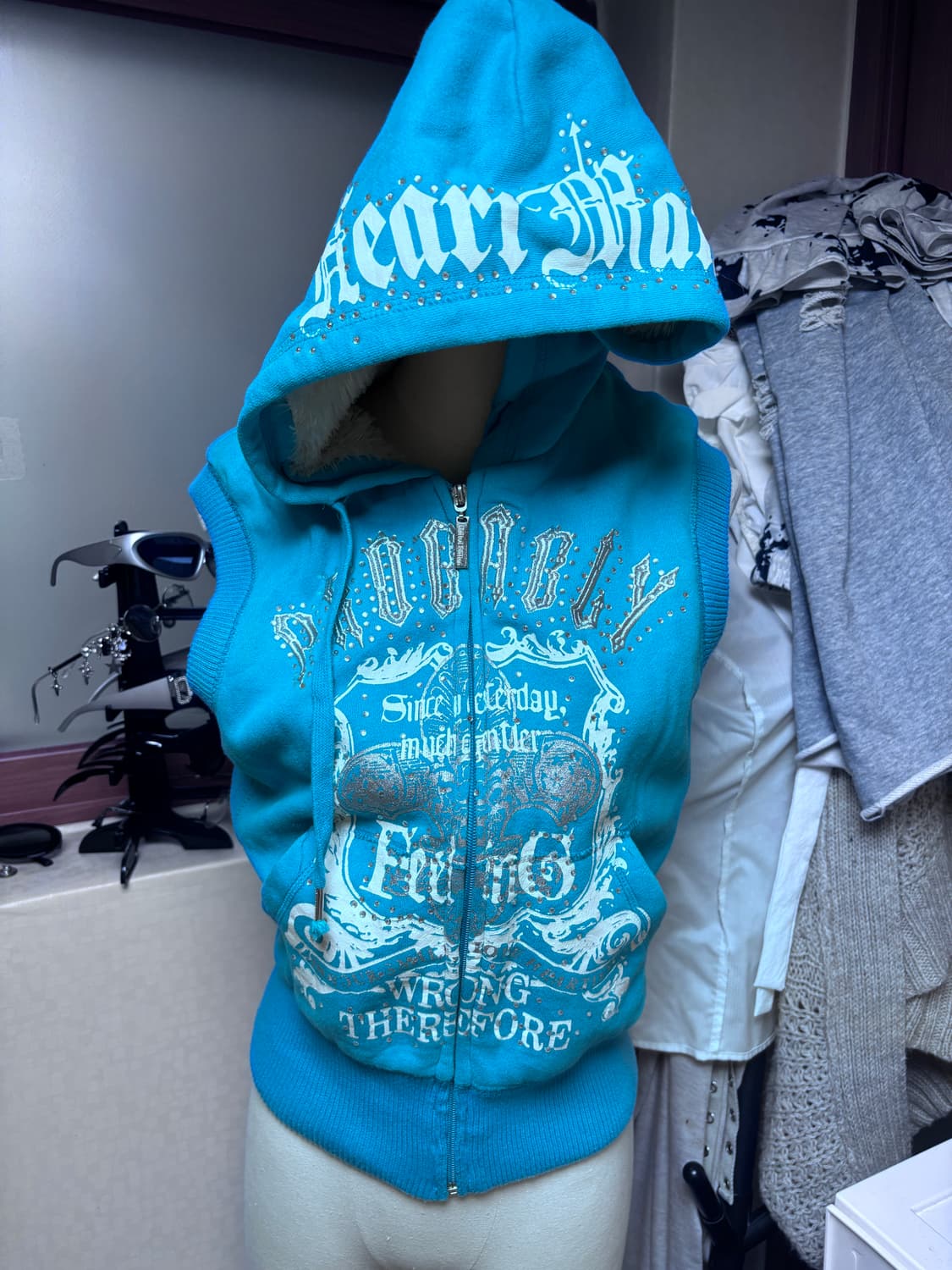 빈티지 와투케 y2k 갸루 큐빅 글리터 후드 집업 조끼 나시 상품이미지4