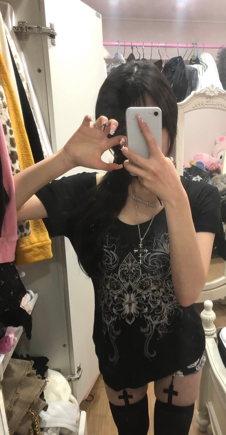 일본 빈티지 펑크 반팔 십자가 갸루 오네갸루 고스 로걀 후루이 상품이미지3