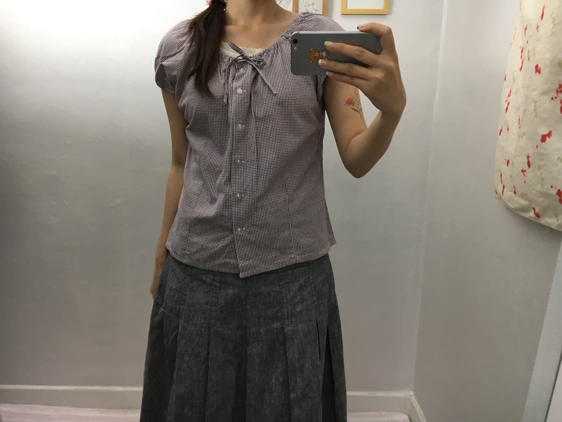 퍼플 체크 반소매 블라우스 상품이미지6