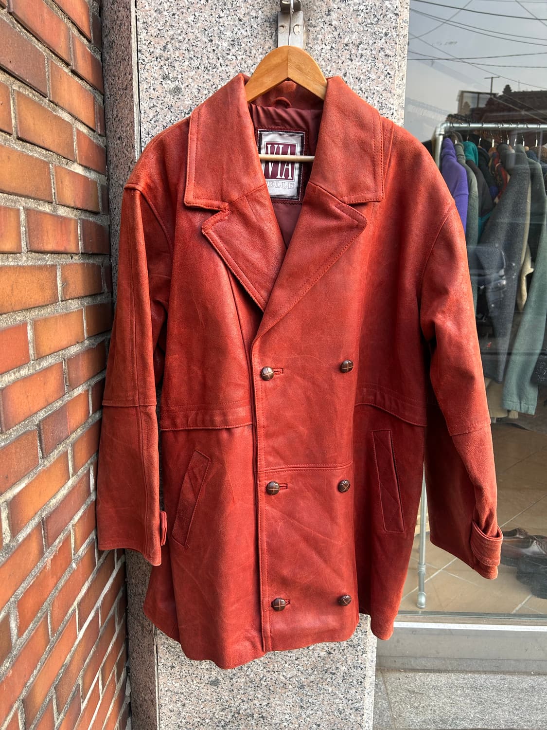 90’s 재팬 레더 더블카코트 상품이미지1