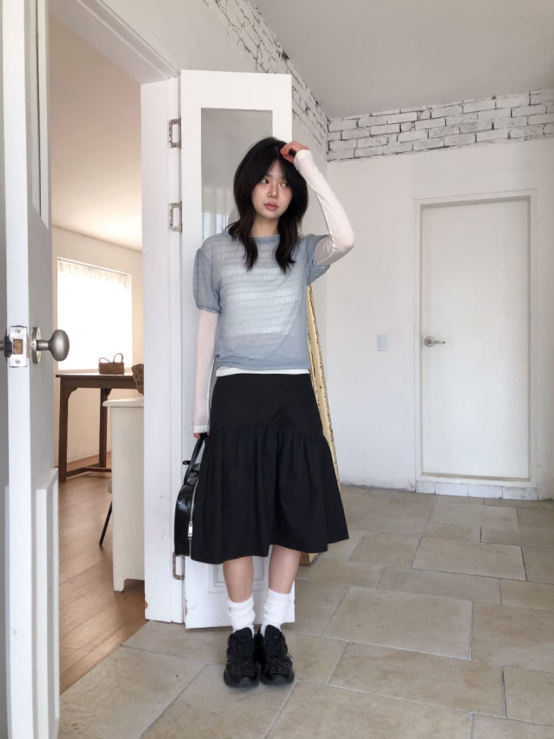 서울베이스드 코튼 셔링 미디 스커트  상품이미지2