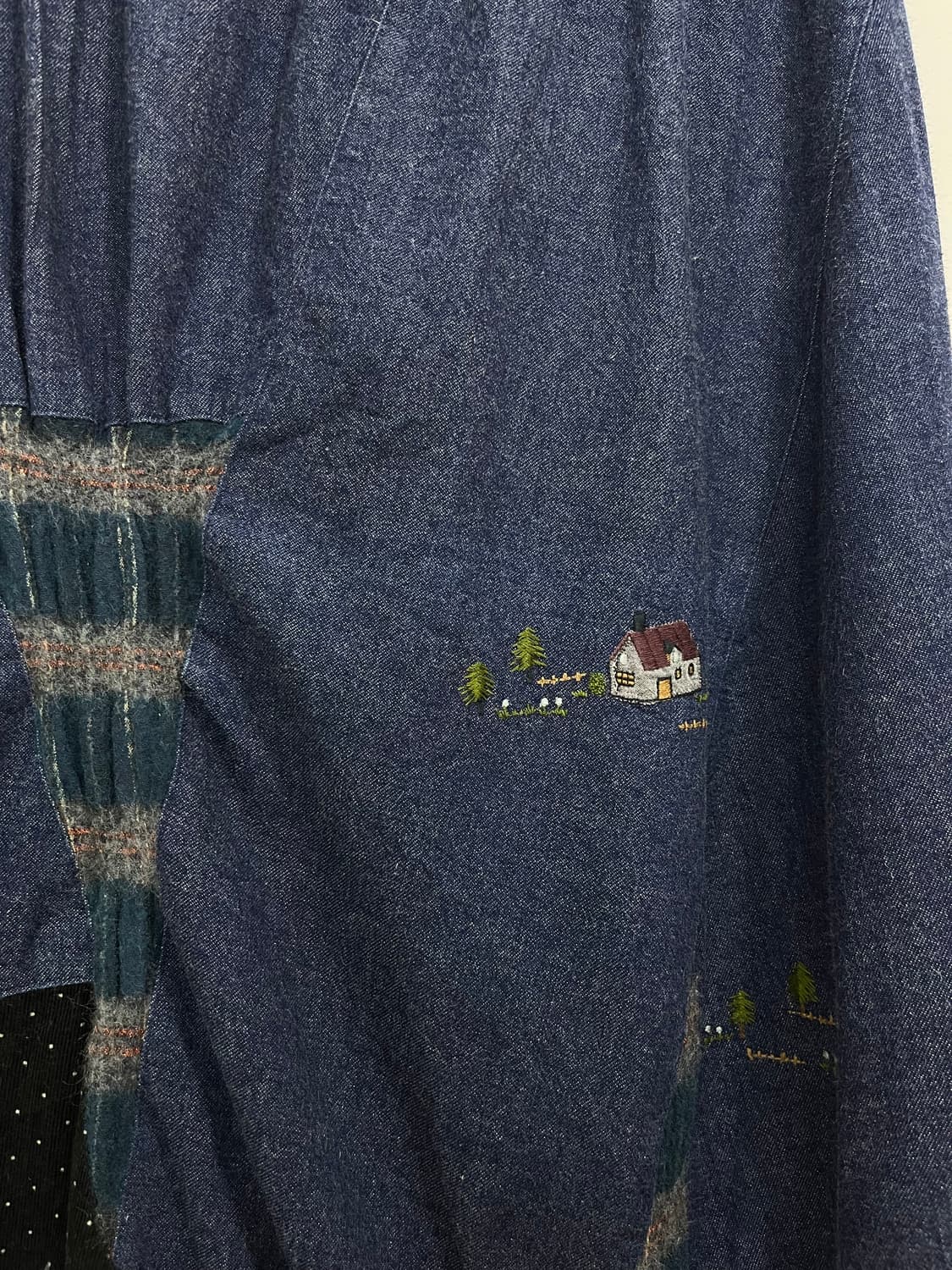 일본빈티지 모리걸 골덴 패치워크 자수 데님 롱스커트 상품이미지4